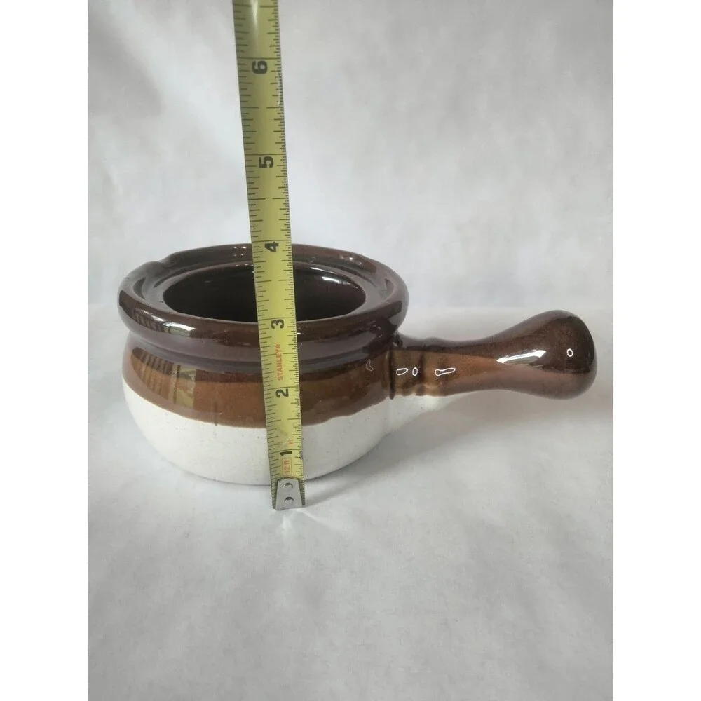 2 Onion Soup Handled Crock Bowls with Lids Brown & Beige Taiwan